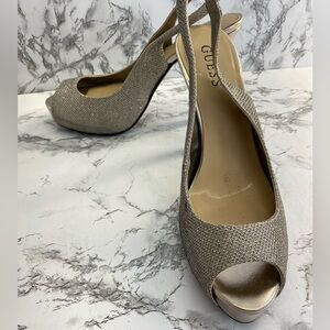 Guess Silver Sparkle Rhinestone NYE Sling back Peep Toe Heels Size 9.5